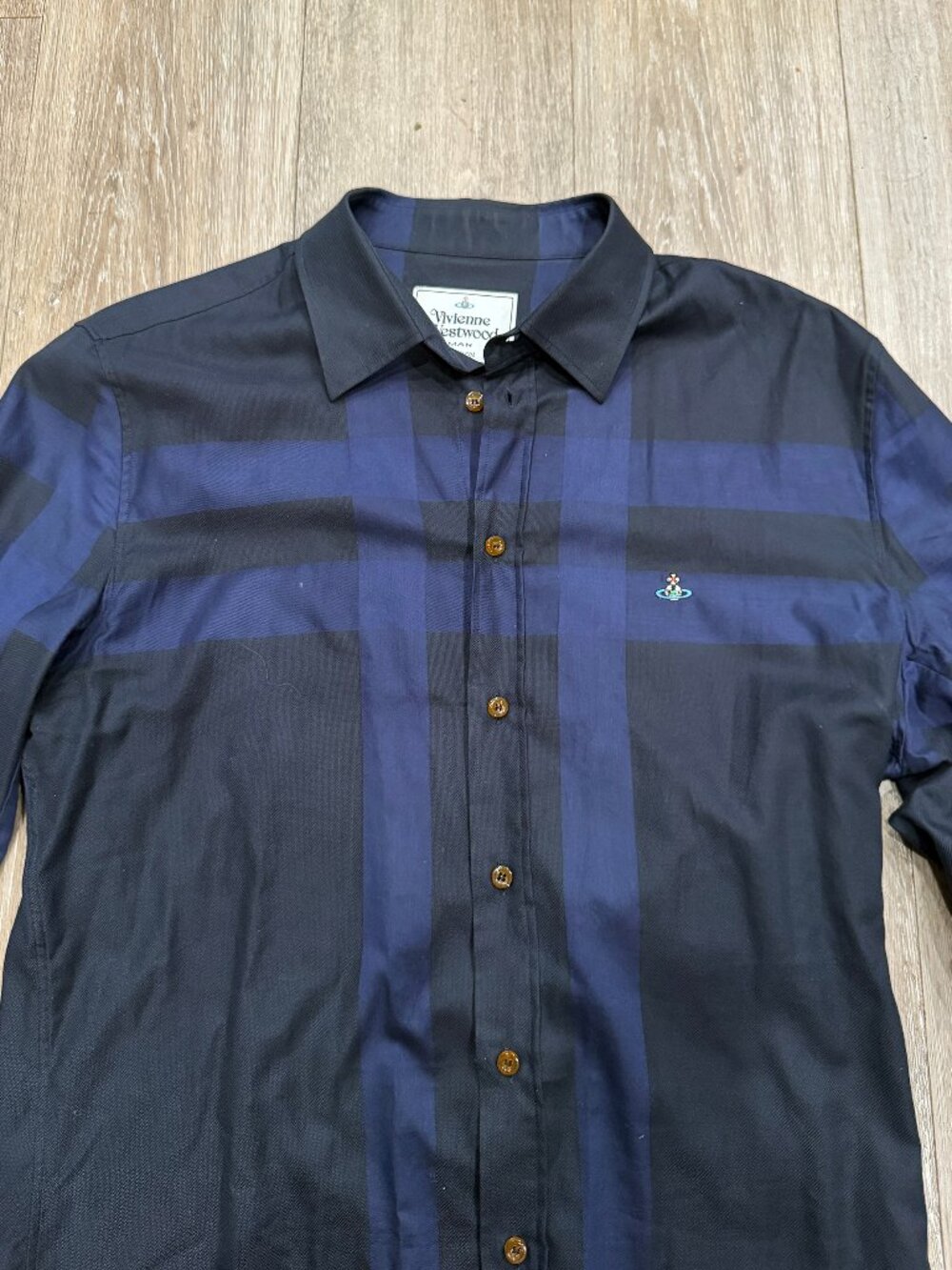 Vivienne Westwood Men's Navy Blue Expanded Tartan Long-Sleeve Shirt - Size V - Picture 6 of 15